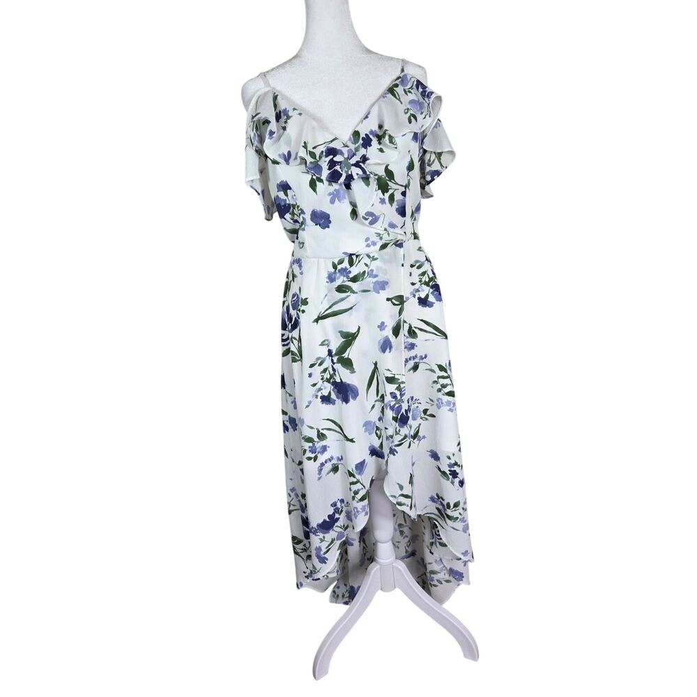 By & By High Low Cold Shoulder White & Blue Floral Dress Size Medium Garden Girl